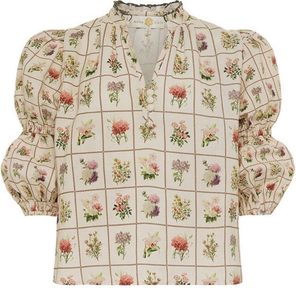 ANNA CATE Annie vintage floral stamp puff sleeve blouse top size medium
